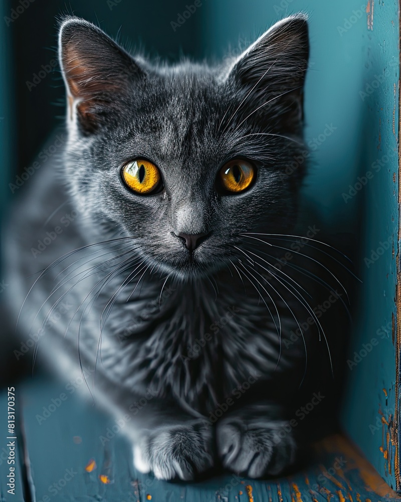Grey cute cat with yellow eyes on the background of a blue wall Grey cute cat with yellow eyes on the background of a blue wall