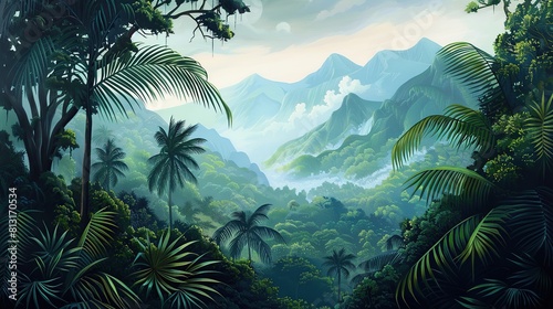 Horizontal landscape of tropical jungle. Generative Ai