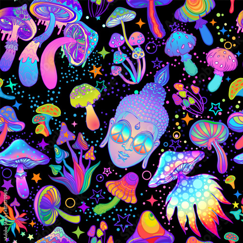 Psychedelic seamless pattern: trippy mushrooms and acid Buddha. Background with stoned trippy drug elements in cartoon comic style.