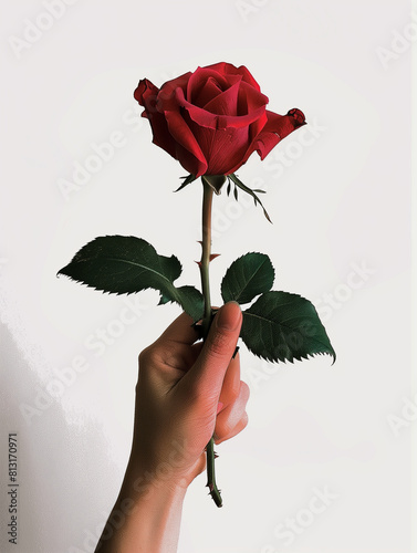 A hand gently cradles a single red rose, a symbol of love and beauty photo
