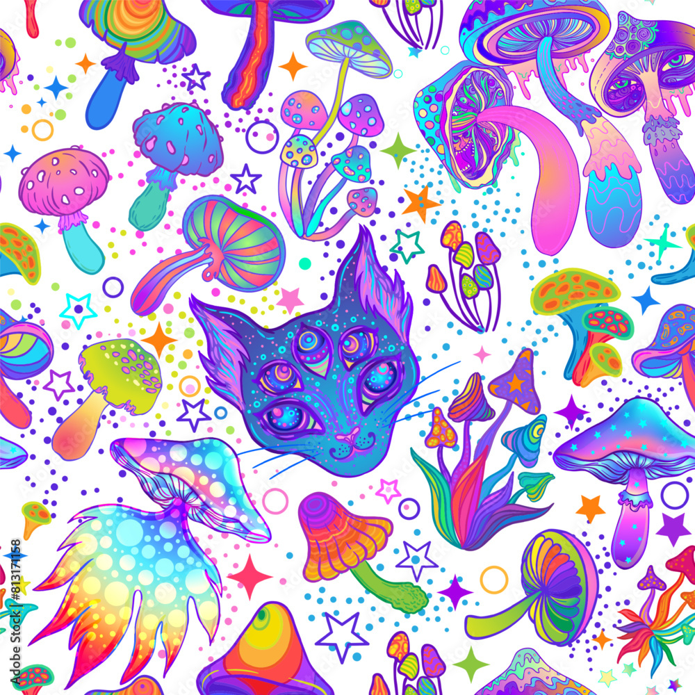 Magic mushrooms and cosmic cat seamless pattern. Psychedelic hallucination. 60s hippie colorful art. Vintage psychedelic textile, fabric, wrapping, wallpaper. Vector repeating illustration.