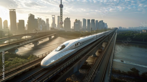 A high-speed train passing through an urban landscape  illustrating efficient mass transit systems in modern cities.