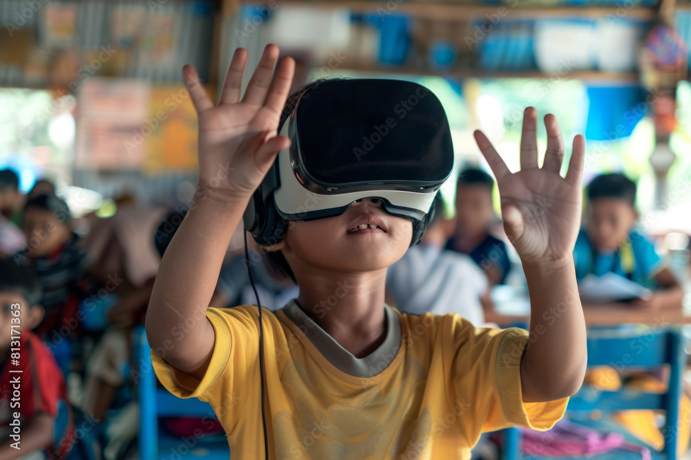 Boy wearing VR headset and reaching out while testing augmented technology in school Boy wearing VR headset and reaching out while testing augmented technology in school