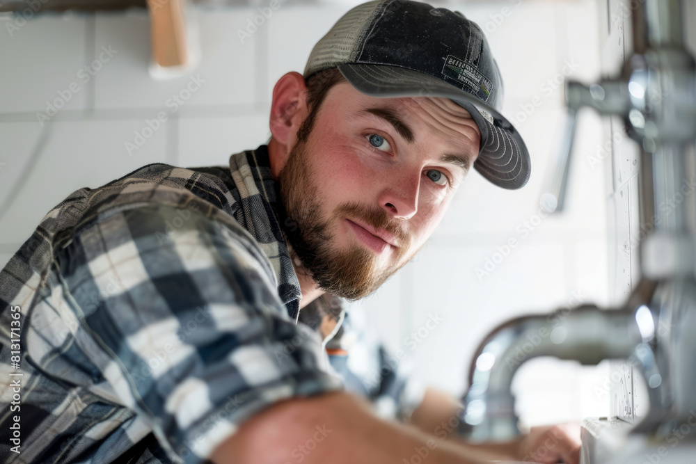 Male plumber works in a bathroom. Plumbing repair service, assemble and install concept Male plumber works in a bathroom. Plumbing repair service, assemble and install concept