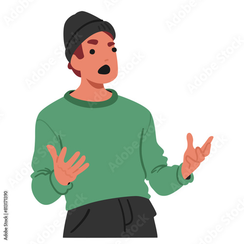Man In Green Sweater, Black Beanie, And Pants, Gesticulating Emphatically With His Hands Cartoon Vector Illustration