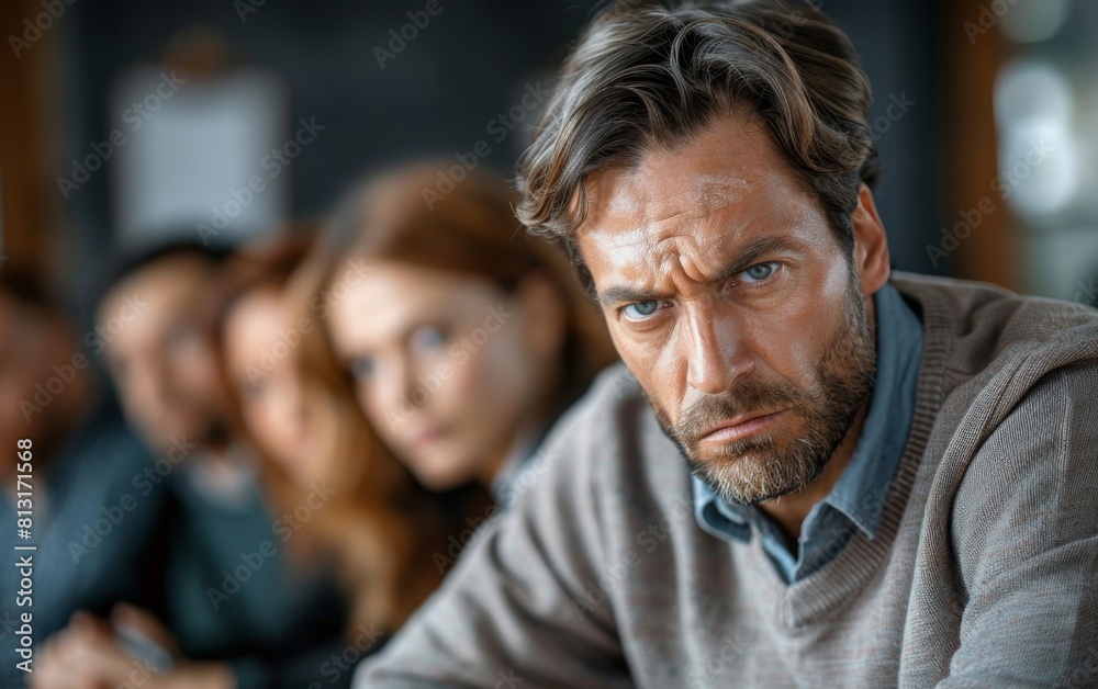 A man with a beard and a blue shirt is looking at the camera. He is wearing a gray sweater A man with a beard and a blue shirt is looking at the camera. He is wearing a gray sweater