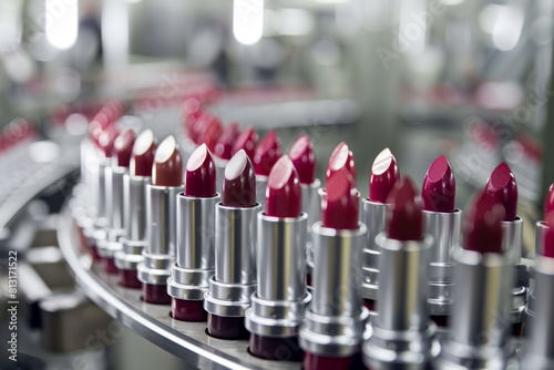 Lipsticks with filling machine in a cosmetics factory