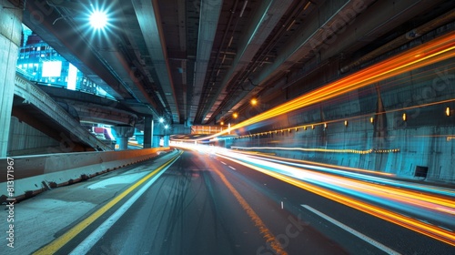 A highway tunnel with streaks of light from passing vehicles, showcasing the infrastructure beneath bustling city streets.
