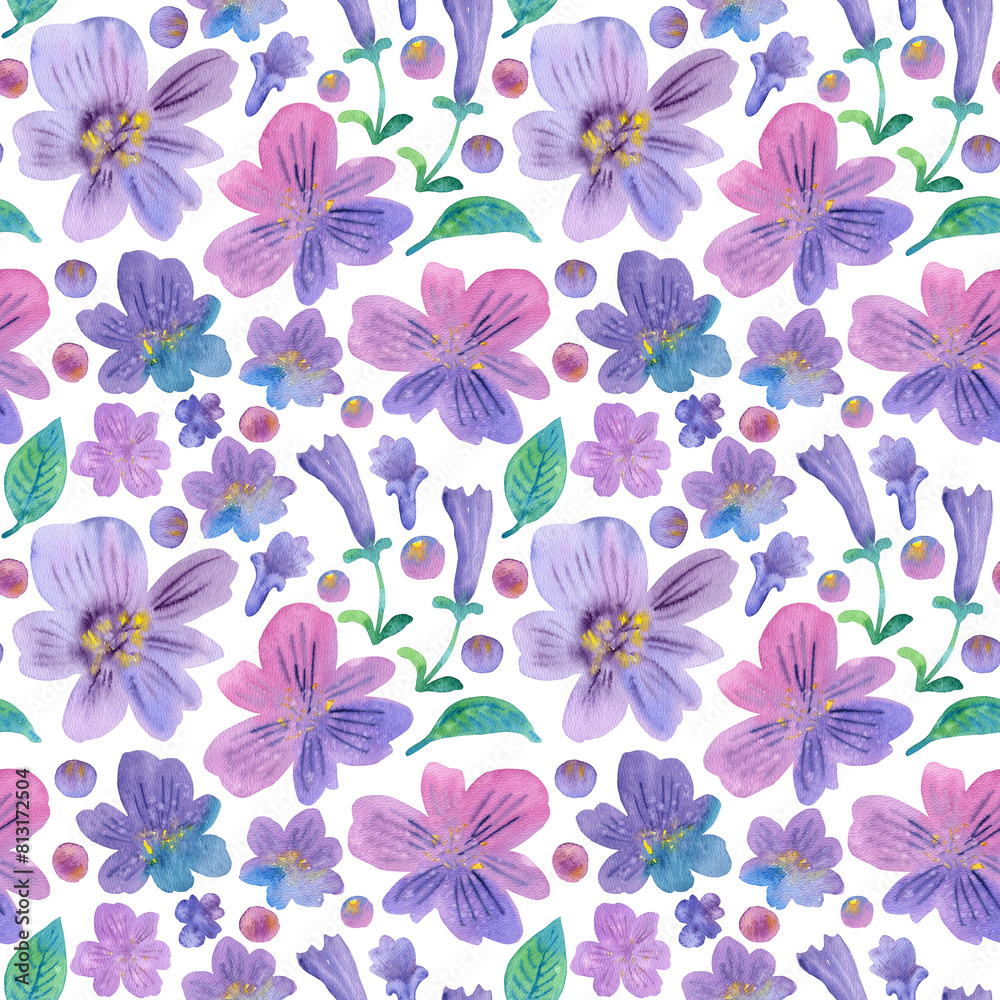 Seamless pattern of hand drawn watercolor flowers floral lilac plants, leaves. Herb flower. Drawing summer Botanical greenery illustration on white background. For fabric, wallpaper, wrapping textile.