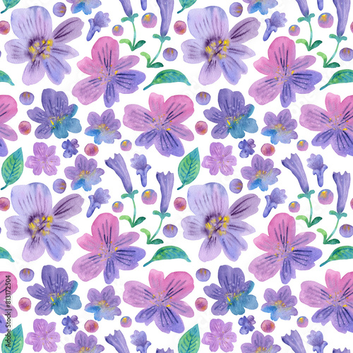 Seamless pattern of hand drawn watercolor flowers floral lilac plants  leaves. Herb flower. Drawing summer Botanical greenery illustration on white background. For fabric  wallpaper  wrapping textile.