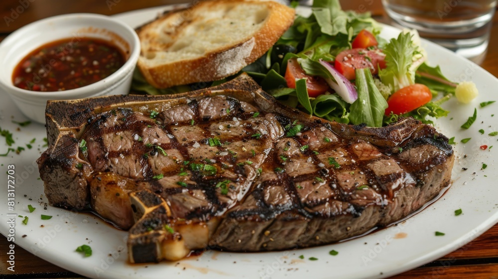 A juicy porterhouse steak served medium-rare, accompanied by a fresh garden salad and garlic bread. A juicy porterhouse steak served medium-rare, accompanied by a fresh garden salad and garlic bread.