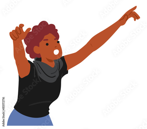 Black Female Character Enthusiastically Raising Arms To Gesture Expressively. Woman With Curly Hair Protesting