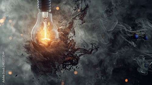 Spark of Creativity Vintage Light Bulb with Swirling Black Particles Conceptual Image for Innovation and Brainstorming