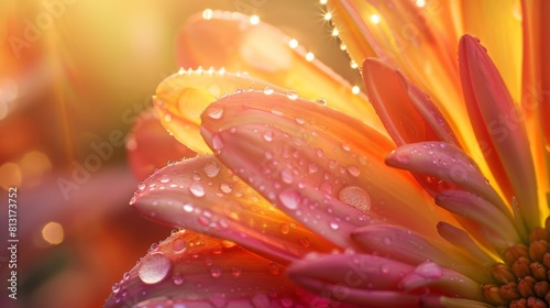 A macro shot of dewdrops glistening on vibrant flower petals at sunrise, capturing the beauty of nature's morning embrace.