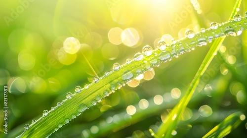 A macro shot of dewdrops sparkling on the surface of a blade of grass, capturing the magic of early morning in nature
