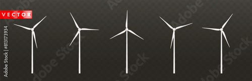 Set of white 3d wind turbines. Windmills for eco energy. Wind towers with vanes for producing renewable alternative natural energy on dark background. Vector illustration