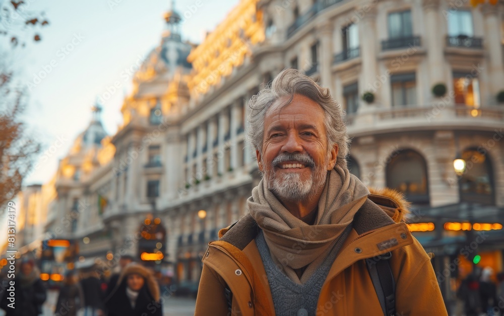 A man with a beard and gray hair is smiling in front of a building. He is wearing a scarf and a jacket