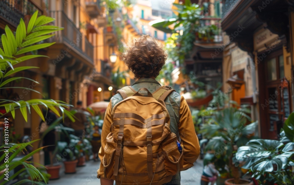 A man wearing a yellow backpack is walking down a narrow street with a lot of plants. The scene has a casual and relaxed vibe, as the man is carrying his belongings and seems to be enjoying his walk A man wearing a yellow backpack is walking down a narrow street with a lot of plants. The scene has a casual and relaxed vibe, as the man is carrying his belongings and seems to be enjoying his walk