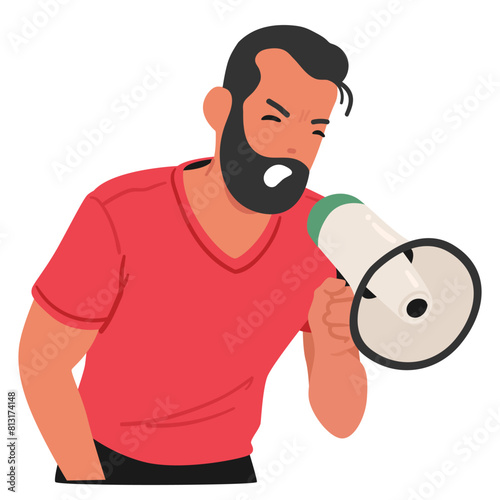 Vocal Man Shouts Into A Megaphone, Capturing A Moment Of Fervent Protest And Civic Engagement, Vector Illustration