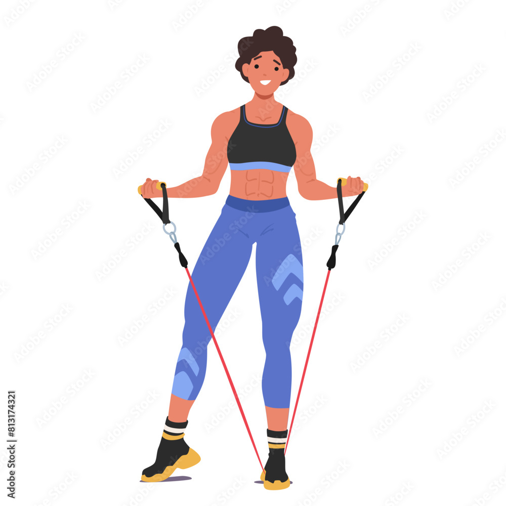 Female Bodybuilder Character Using Resistance Band, Showcasing Strength And Vitality. Woman In Athletic Gear Female Bodybuilder Character Using Resistance Band, Showcasing Strength And Vitality. Woman In Athletic Gear