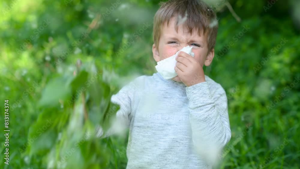 A little boy 4 years old blows his nose into a paper napkin against a background of greenery. Spring exacerbation of allergy to poplar fluff. Allergies in children hay fever Poplar fluff flies