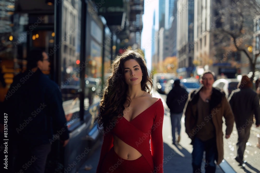 A cheerful brunette woman in her thirties, with voluptuous curves, full lips, and long curly brown hair, strolling joyfully through the bustling city streets