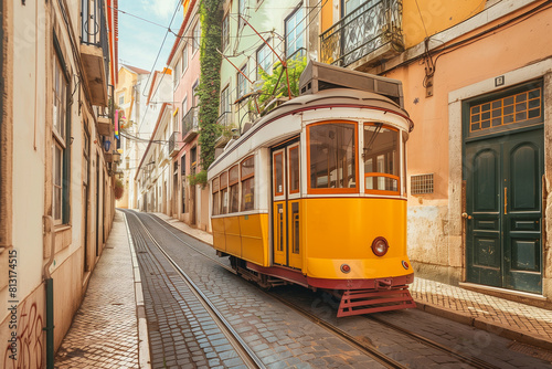 Yellow Trolley Car Passing Tall Buildings