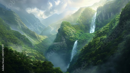 A majestic waterfall cascading down lush green mountains, embodying the raw power and beauty of nature.