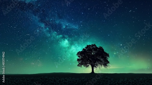 Starry Serenity Majestic Tree Silhouette Under Northern Lights © AbiScene