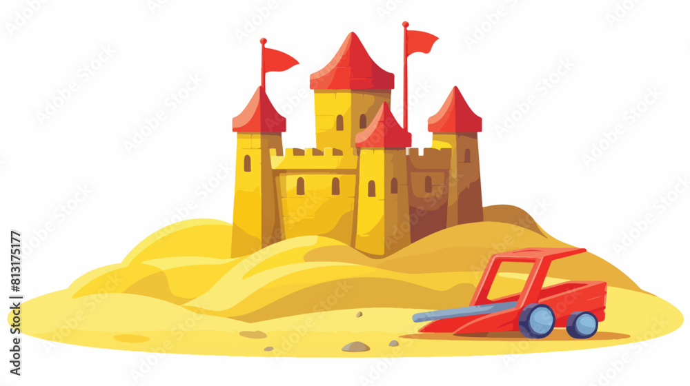 Sandcastle with kid toy bucket and little red flag