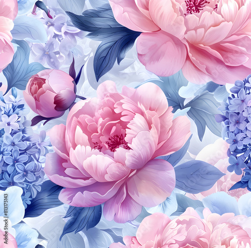 watercolor illustration features beautiful and elegant pink, blue and lilac peonies, roses and lilies in a soft pastel pattern. illustration, soft colors. pastel color
