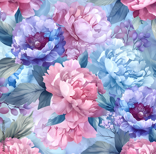 watercolor illustration features beautiful and elegant pink, blue and lilac peonies, roses and lilies in a soft pastel pattern. illustration, soft colors. pastel color

