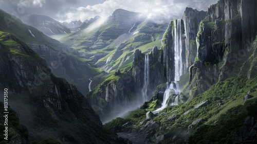 A majestic waterfall cascading down lush green mountains  embodying the raw power and beauty of nature.