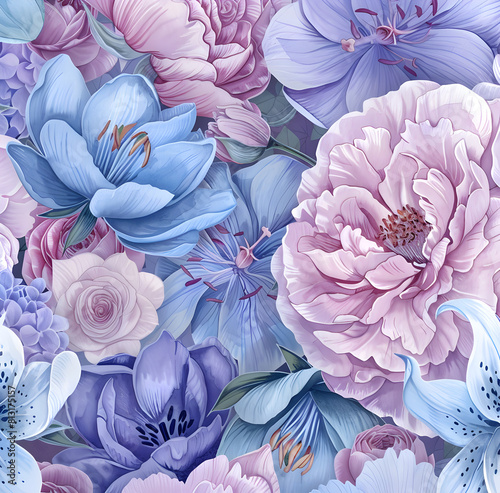 watercolor illustration features beautiful and elegant pink, blue and lilac peonies, roses and lilies in a soft pastel pattern. illustration, soft colors. pastel color
