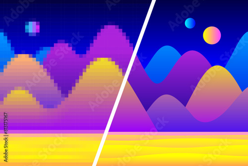 Low resolution pixelated image and high resolution image