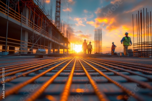 Construction workers walk on a steel-reinforced building site at sunset  silhouetted against a vibrant sky.