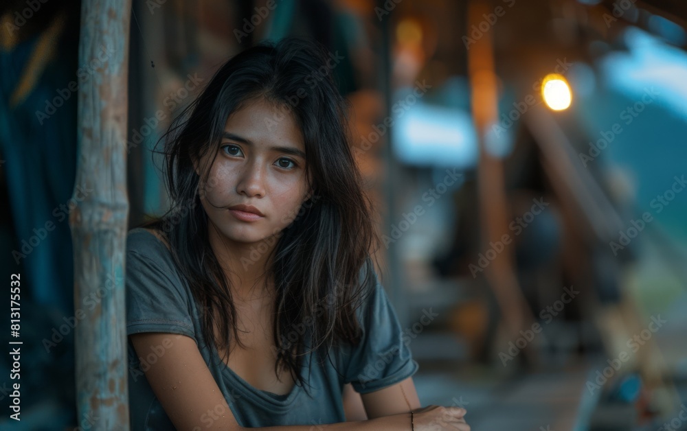 A woman with long hair is sitting on a porch. She is wearing a gray shirt and has a serious expression on her face