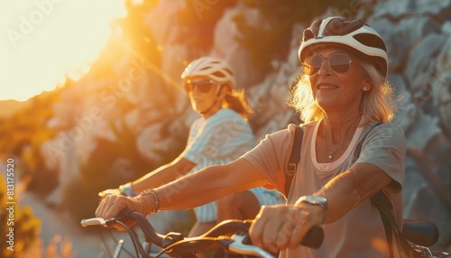 Active senior woman enjoying a bike ride with a friend at sunset © Maksim