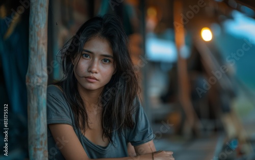 A woman with long hair is sitting on a porch. She is wearing a gray shirt and has a serious expression on her face © imagineRbc