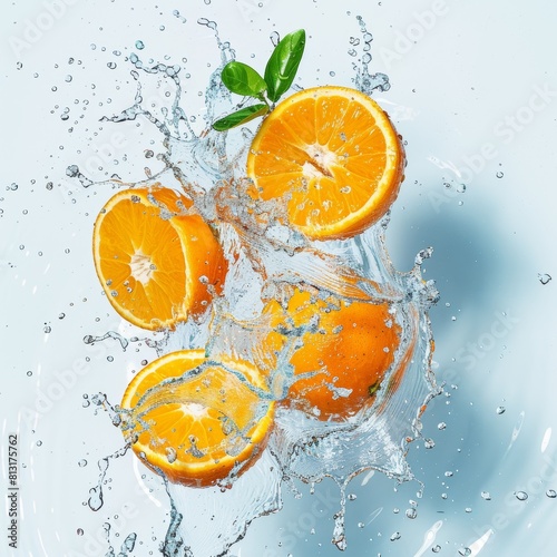 Fresh oranges splashing in water