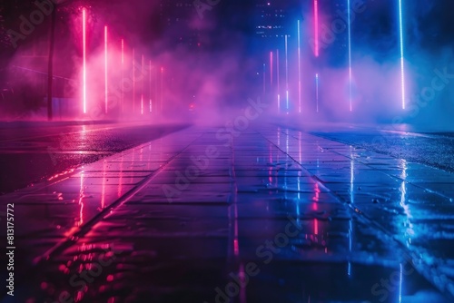 Empty background scene. Dark street reflection on the wet pavement. Rays neon light in the dark, neon figures, smoke. Night view of the street, the city. Abstract dark background - generative ai