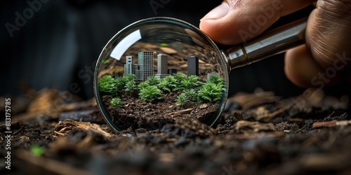 A person is holding a magnifying glass and closely inspecting the soil for details  photo