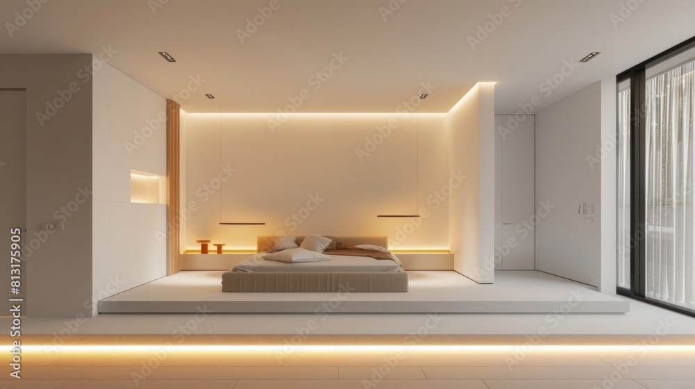 A minimalist bedroom with a built-in platform bed, recessed lighting ...