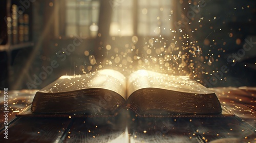 Enchanting Tales Unfold Magical Specks Dance from the Pages of an Open Book photo