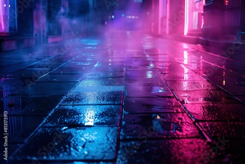 Empty background scene. Dark street reflection on the wet pavement. Rays neon light in the dark  neon figures  smoke. Night view of the street  the city. Abstract dark background - generative ai