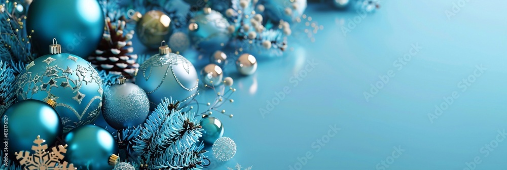 3D rendering of a Christmas blue background adorned with Christmas balls and decorations banner 3D rendering of a Christmas blue background adorned with Christmas balls and decorations banner