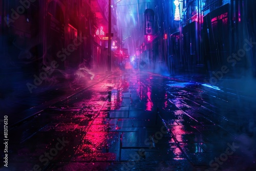 Empty background scene. Dark street reflection on the wet pavement. Rays neon light in the dark  neon figures  smoke. Night view of the street  the city. Abstract dark background - generative ai
