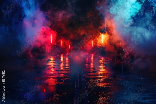 Empty background scene. Dark street reflection on the wet pavement. Rays neon light in the dark, neon figures, smoke. Night view of the street, the city. Abstract dark background - generative ai