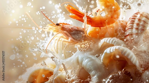 Oceanic Delights A Bountiful Display of Fresh Shrimp and Scallops for Gourmet and Seafood Enthusiasts photo