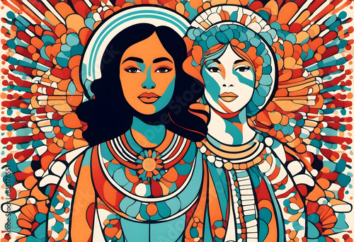 Colorful digital artwork depicting two stylized women with distinct cultural attire, set against a vibrant, patterned background